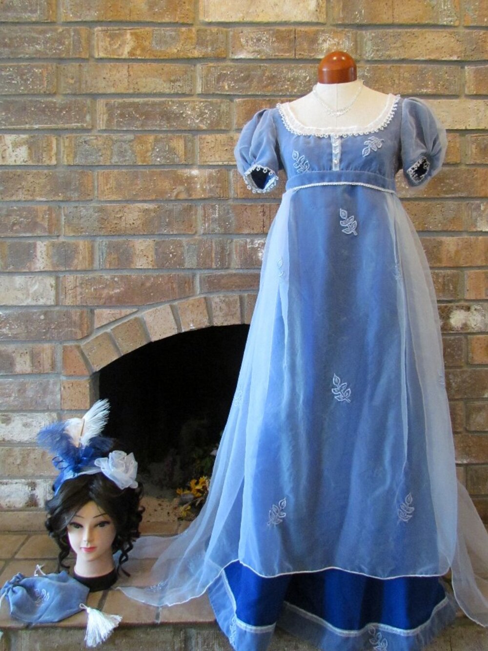 REGENCY BALL GOWN, S-M, BLUE w GOSSAMER OVERSKIRT, HEADPIECE, RETICULE HAND MADE